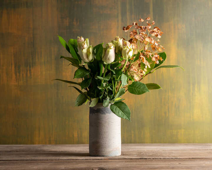 handmade ceramic vase pale grey blue flowers