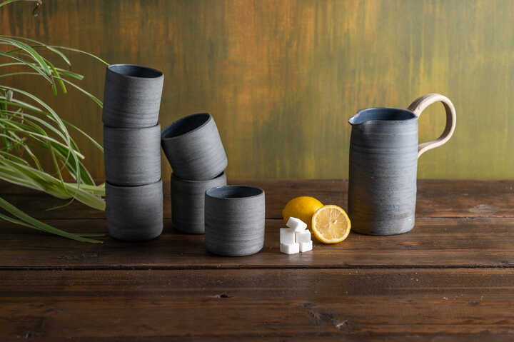 Handmade ceramic large jug and six tumblers